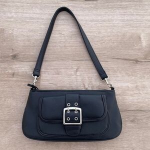 Vintage Y2K 90's Black & Silver Buckle Baguette Shoulder Bag Purse Minimalist
